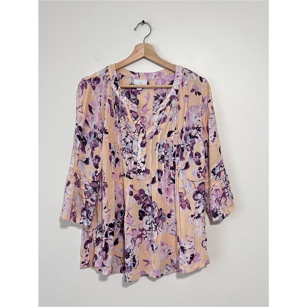 J. Jill Floral Peasant Blouse M Petite Boho Ruffle Sleeve Lightweight Top - Picture 2 of 9